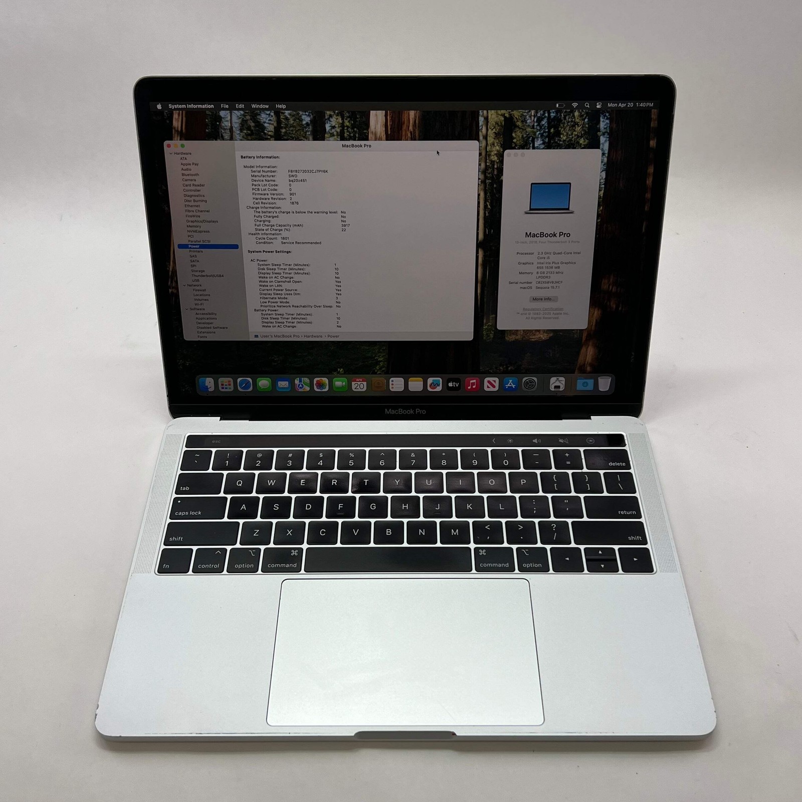 Broken 2018 Apple Macbook Pro Quad Core i5 8GB RAM 500GB A1989 Bad Battery
