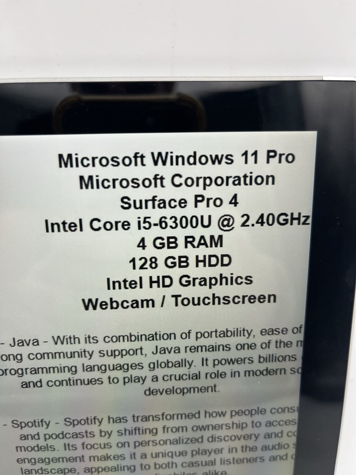 Microsoft Surface Pro 4 Windows 11 4 GB RAM 128 GB HDD i5-6300U Tablet