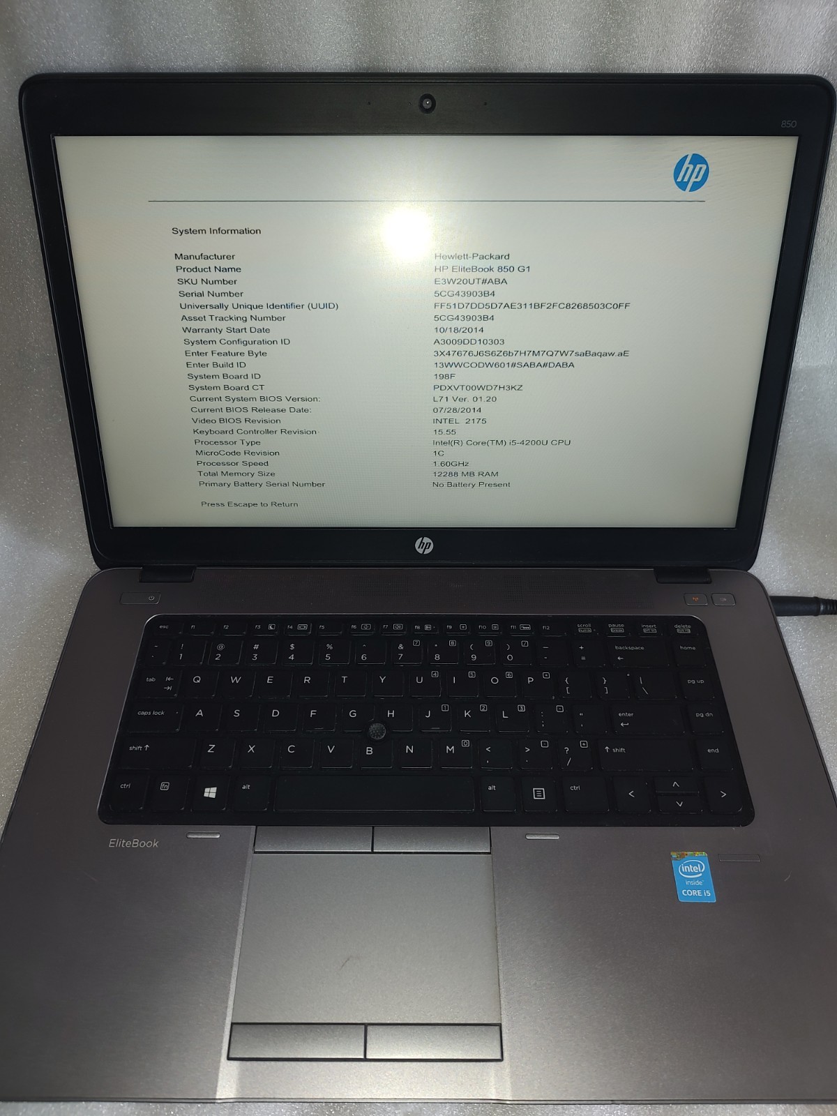 HP EliteBook 850 G1 15.6″ i5-4200U Intel HD Black No ssd/hdd with powercord