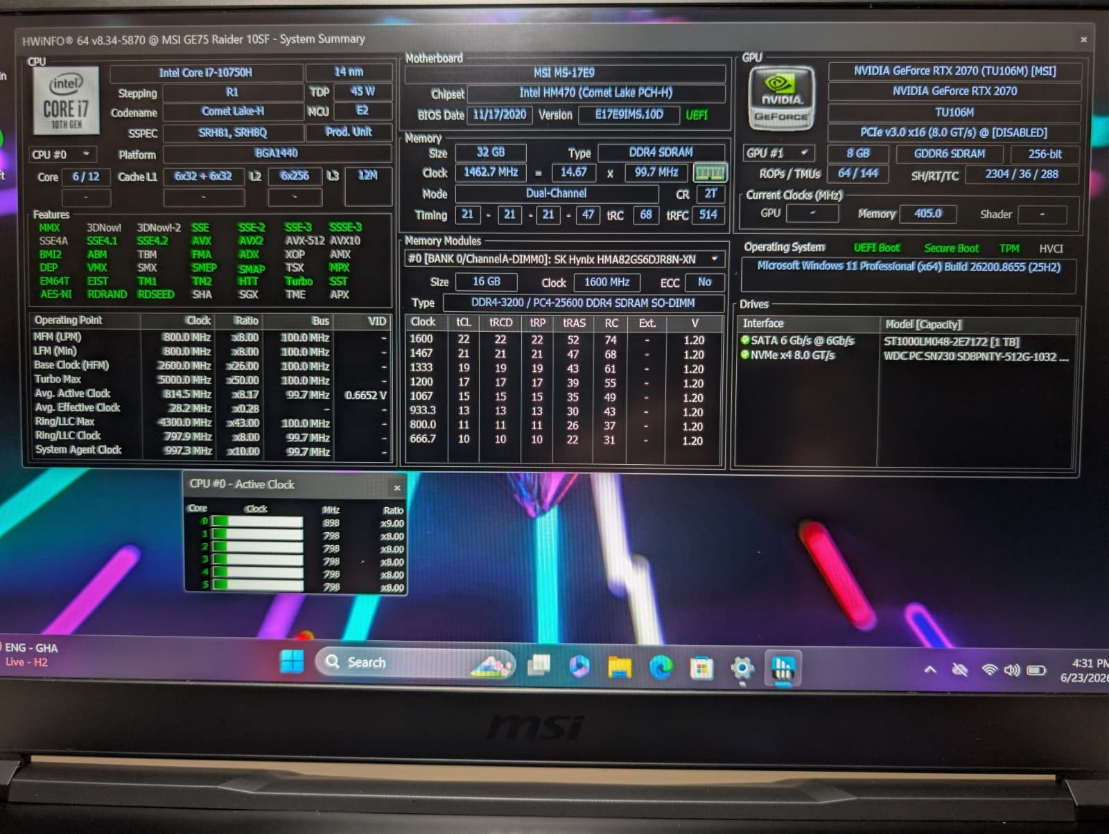 MSI GE75 Raider | i7 10th 32GB RAM 512GB SSD 1TB HD | FHD@144Hz NVIDIA RTX 2070