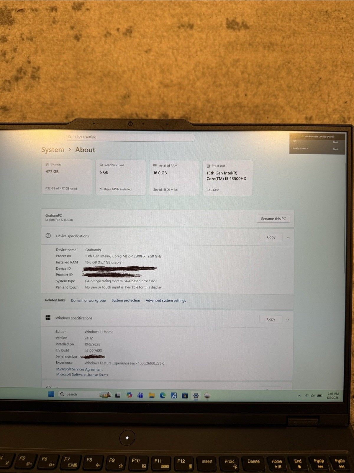 Lenovo Legion Pro 5 16IRX8 Gaming Laptop Intel i5 RTX 16GB 477GB SSD 16″ W11