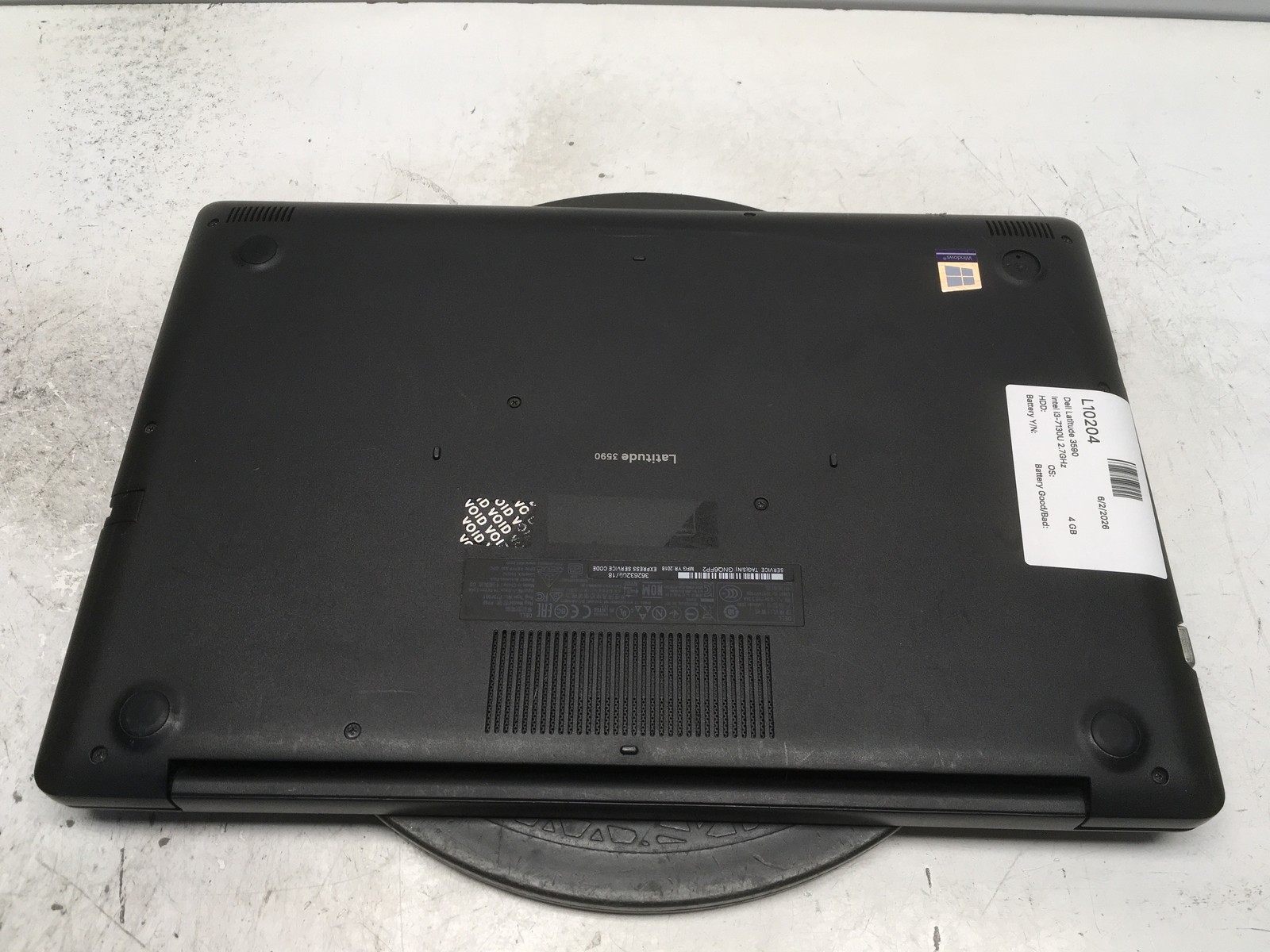 Dell Latitude 3590 Intel i3-7130U 2.7GHz 4 GB NO HDD No Batt