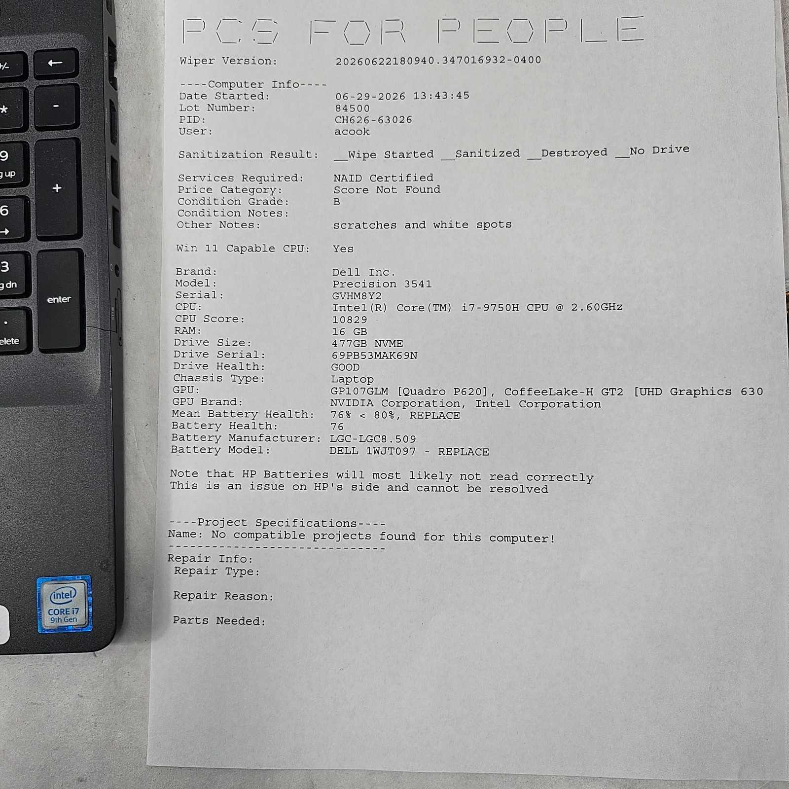 Dell Precision 3541 15.6″ Intel i7-9750H 16GB DDR4 512GB SSD Quadro P620 *Read