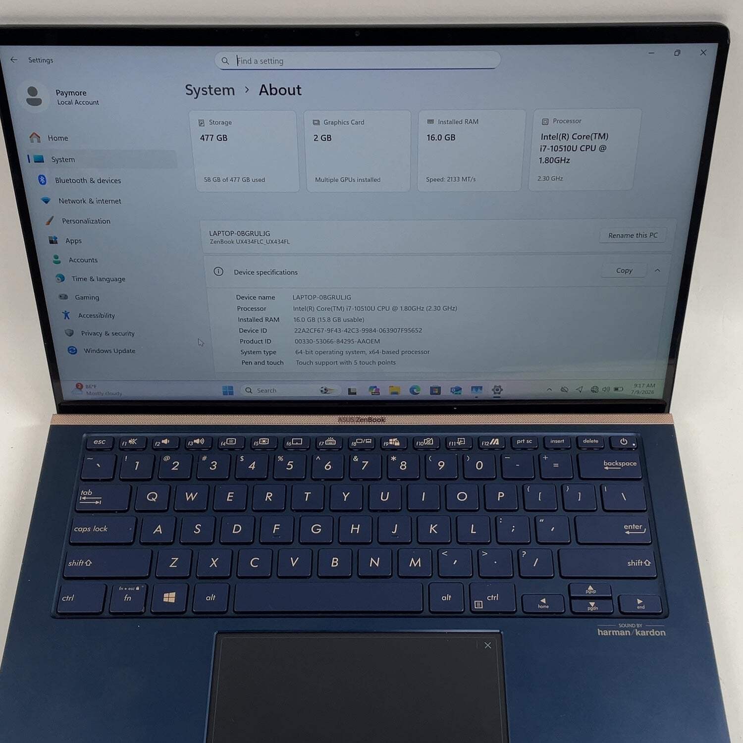 Asus Zenbook 14 UX434F 14″ i7-10510U 1.8GHz 16GB RAM 512GB SSD GeForce MX250
