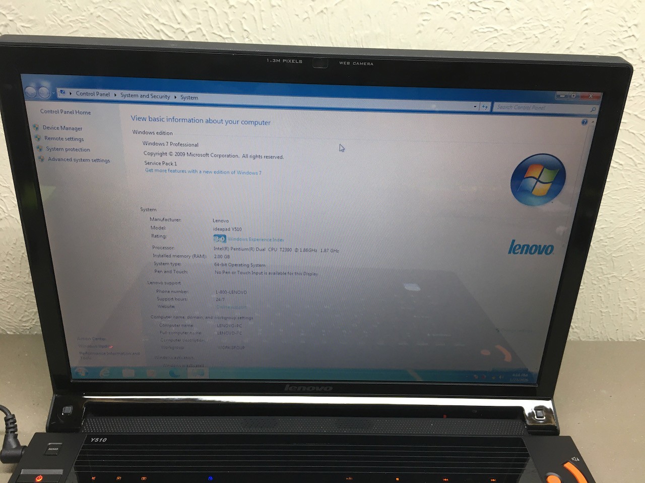 Lenovo Laptop IdeaPad Y510 15.4″ Pentium T2390 2GB RAM 160GB HD Windows 7 Pro