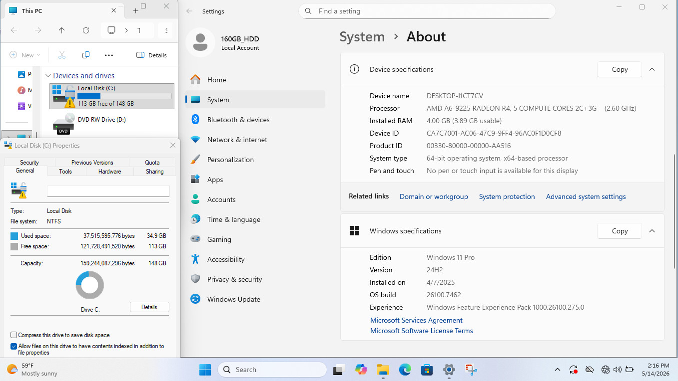 HP 15-db0xxx 14″ AMD A6-9225 Radeon R4 2.6GHz, 4GB RAM, 160GB HDD, Windows11 Pro