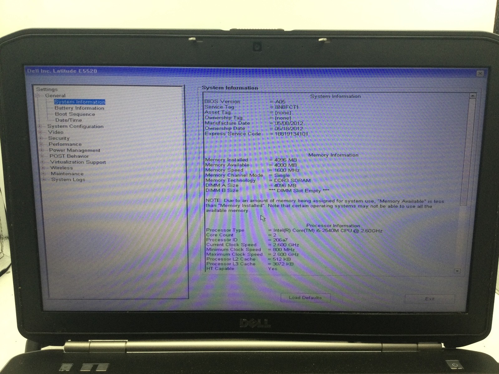 DELL LATITUDE E5520 – BOOTS TO BIOS – INTEL I5 2540 – NO RAM – 15″ – READ – BB!