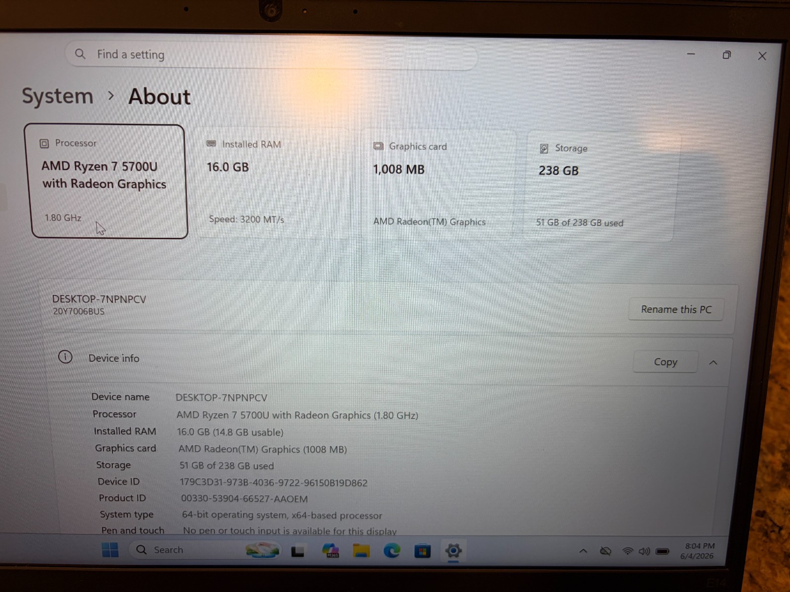 Lenovo ThinkPad E14 Gen 3 14″ Ryzen 7 5700U 16GB RAM 256GB SSD W11P