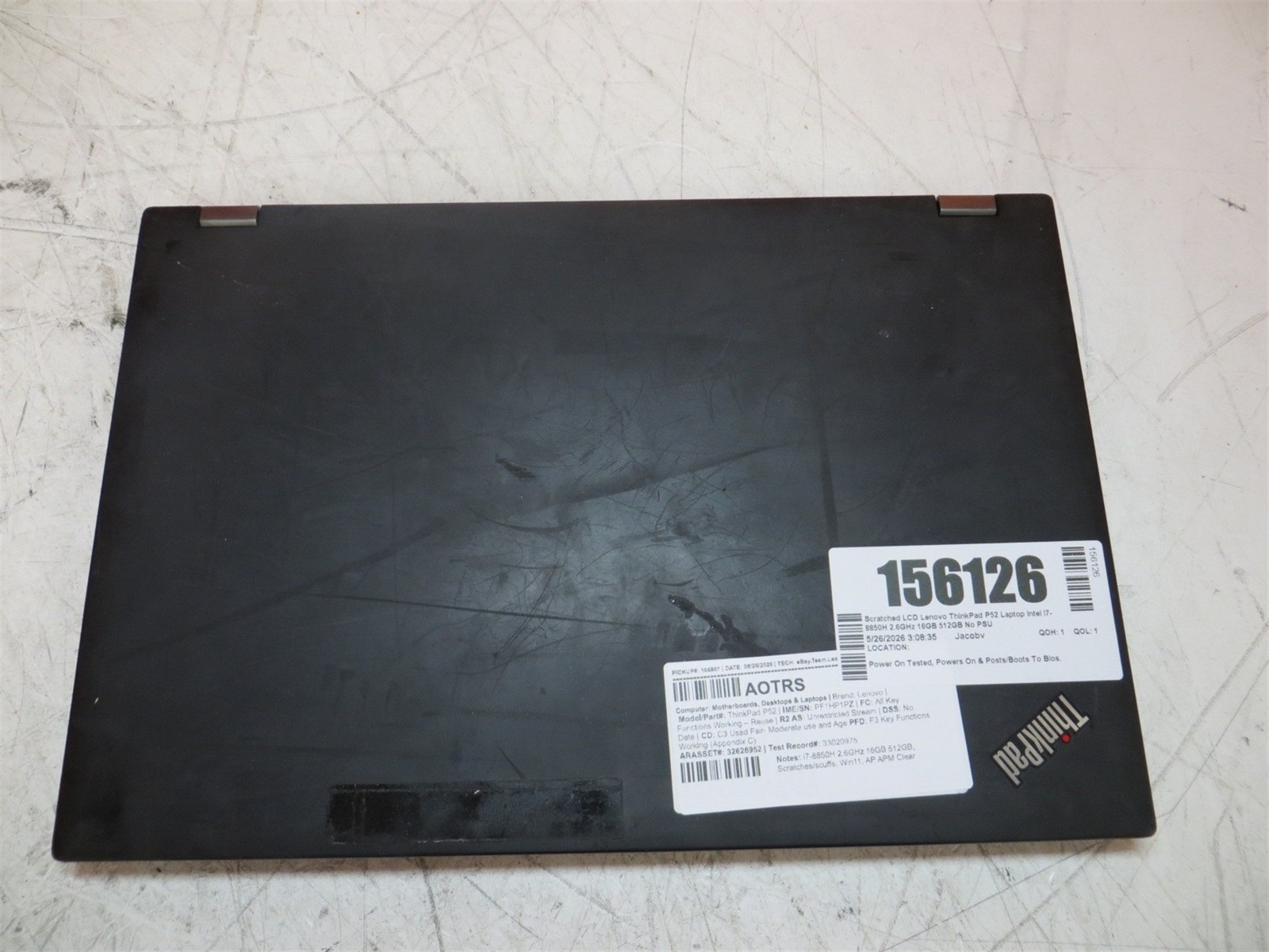 Scratched LCD Lenovo ThinkPad P52 Laptop Intel i7-8850H 2.6GHz 16GB 512GB No PSU