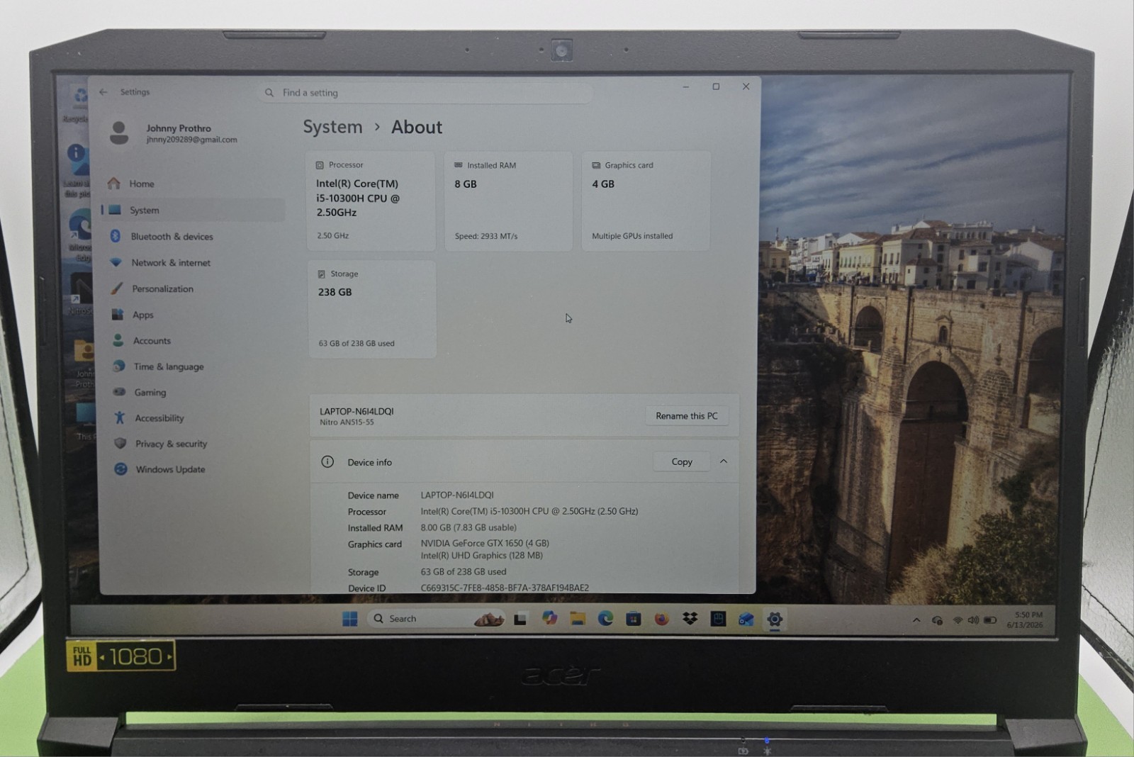 Acer Nitro 5 Gaming Laptop Intel Core I5 N20c1 8GB RAM 256GB SSD 15.6 Inch