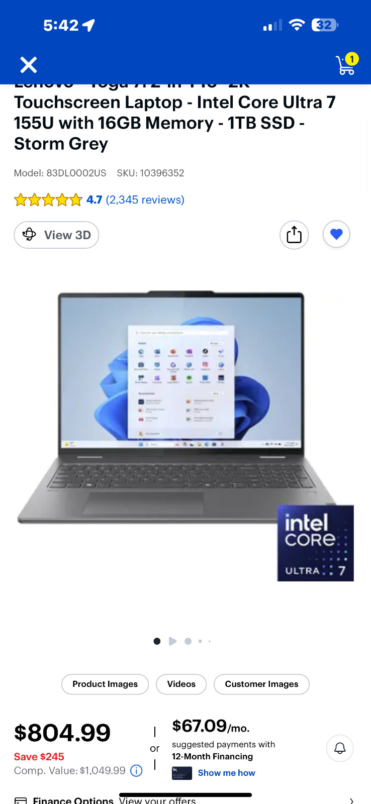 Lenovo Yoga 7i 16″ (512GB SSD Intel Core i5-1335U 1.3GHz 16GB RAM) Touch 2-In-1