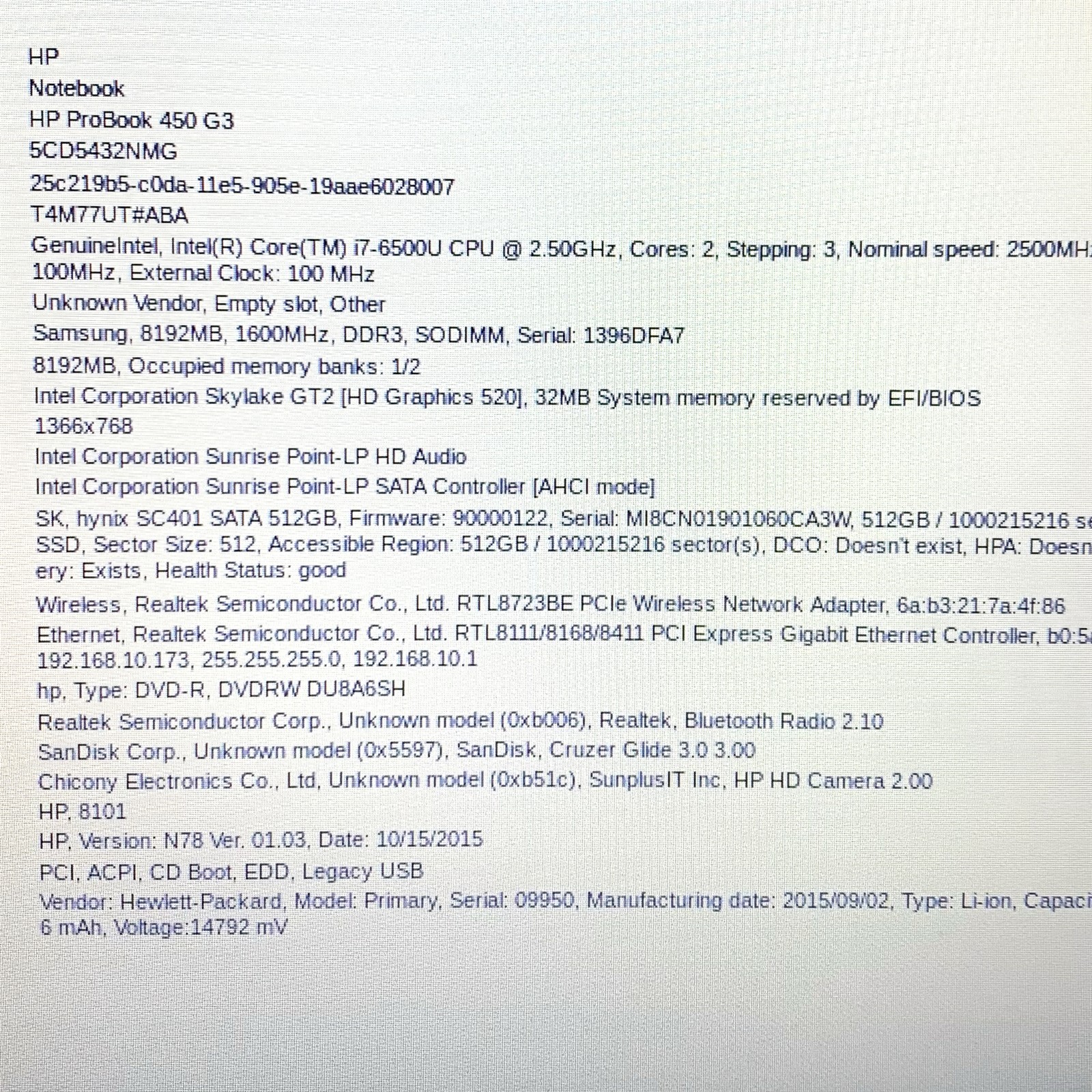 HP ProBook 450 G3 15.5″ Intel i7-6500U 2.50GHz 8GB DDR3 No HDD, OS, AC For Parts