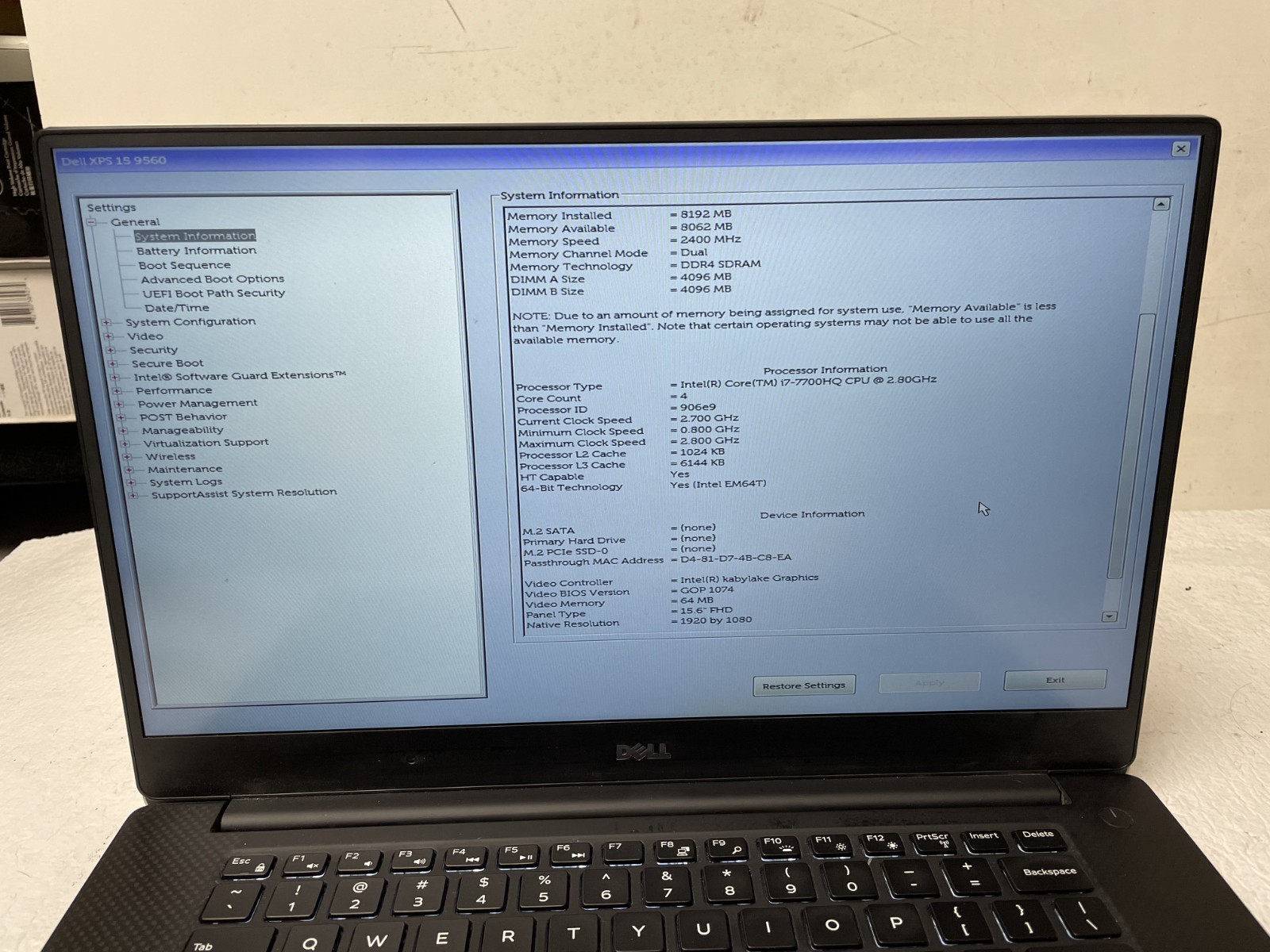DELL XPS 15 9560 Intel Core i7-7700HQ @2.80GHZ 8GB RAM NO SSD For Parts *READ