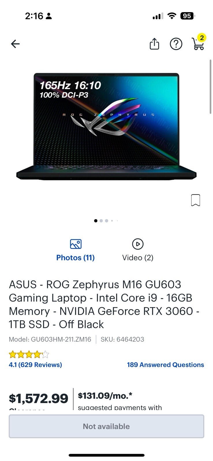 ASUS ROG Zephyrus M16 GU603H – 16″ – Core i9-11900H 2.5GHz 16GB 1TB SSD RTX3060