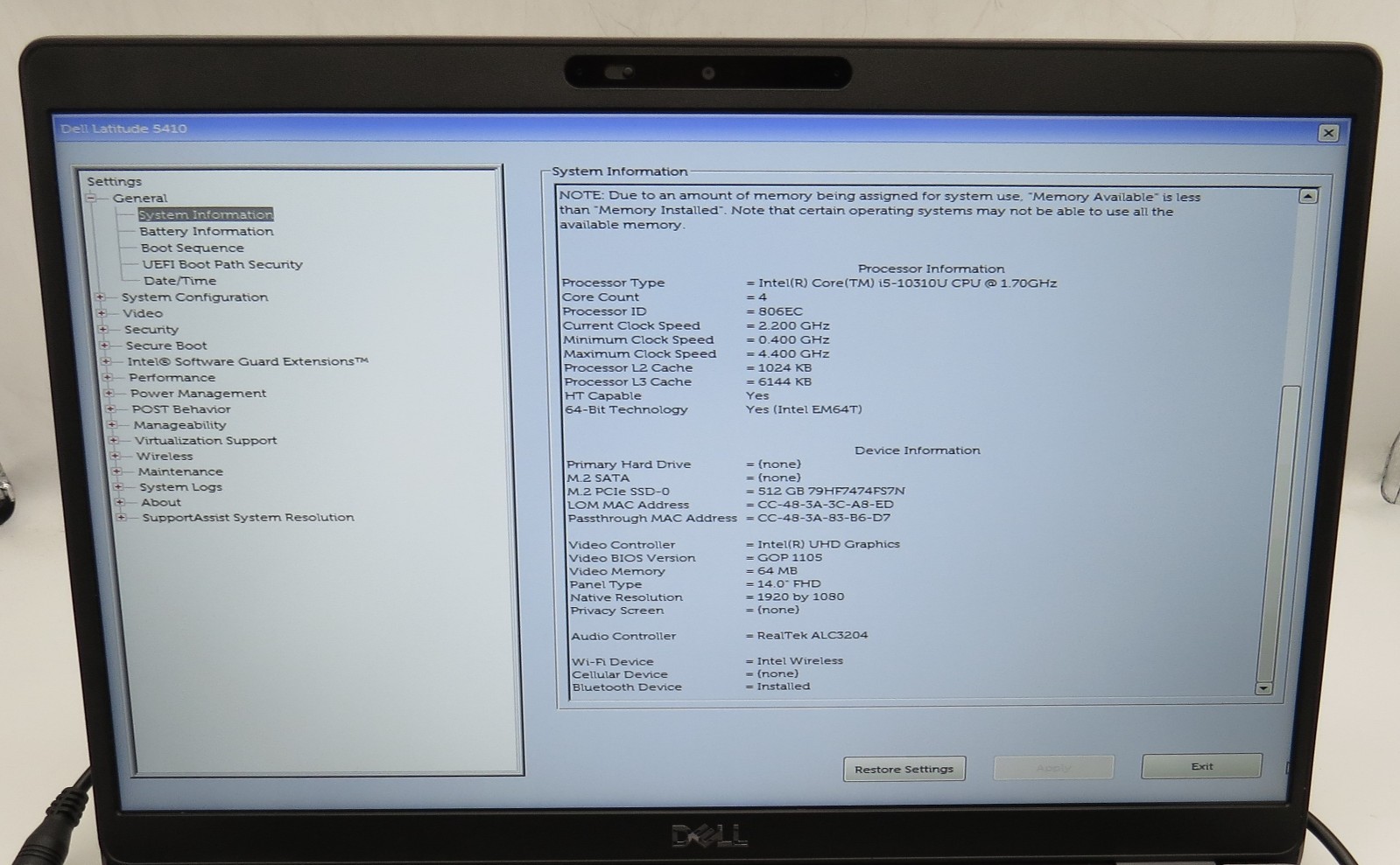 Dell Latitude 5410-13.3″-i5-1031U@1.7GHz-16GB RAM-512GB M.2 NVME-NO OS *READ*