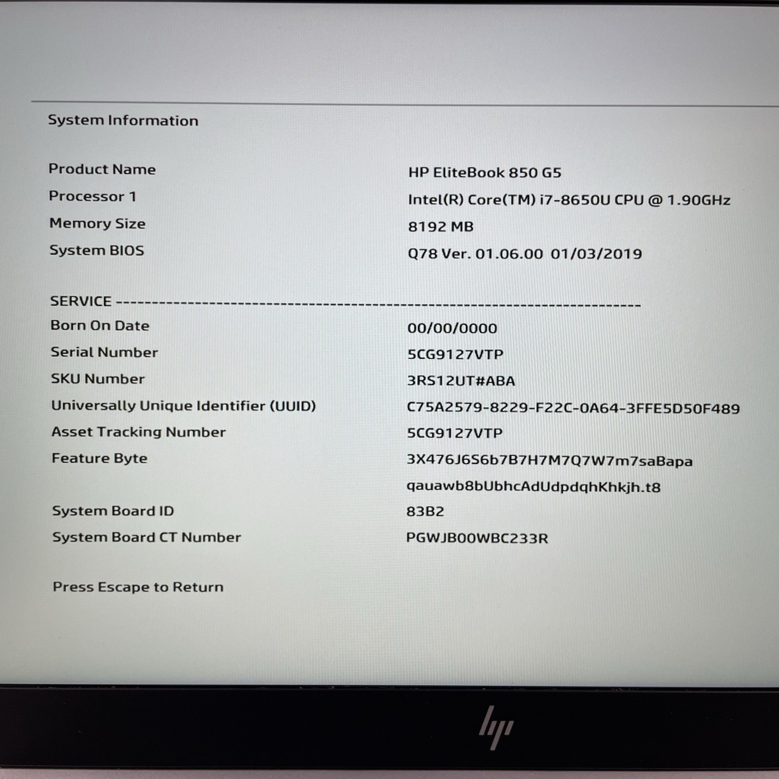 HP EliteBook 850 G5 15.6″ i7-8650U 1.90 GHz 8 GB RAM No SSD/OS/AC/Battery