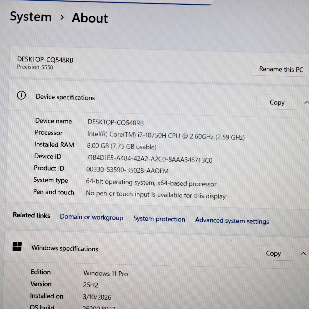 DELL PRECISION 5550 i7-10750H @ 2.60GHz 8 GB RAM SSD 1TB NVIDIA QUADRO T1000