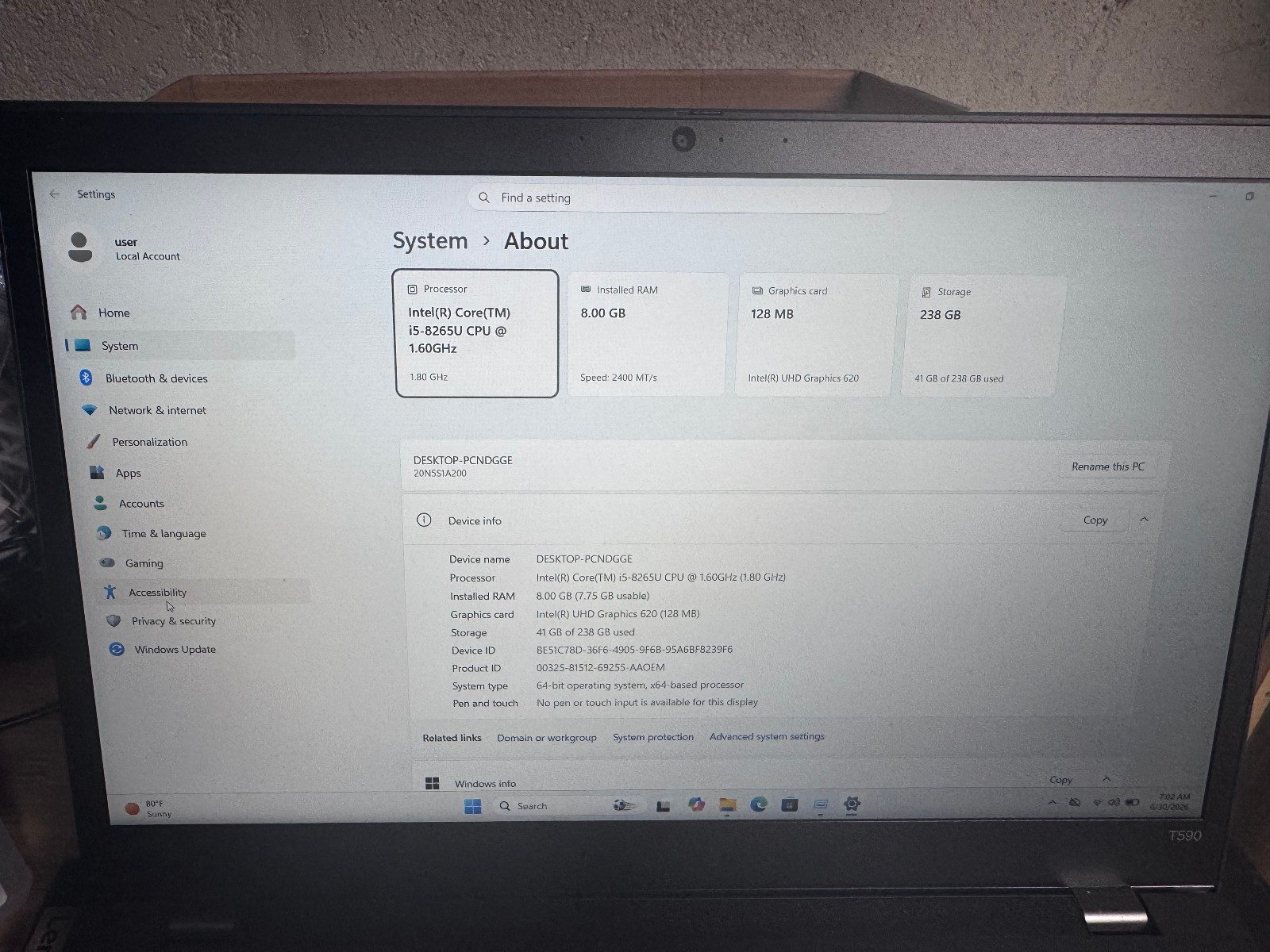 Lenovo ThinkPad T590 Intel Core i5 8265U, 8GB RAM, 256 GB SSD (010)