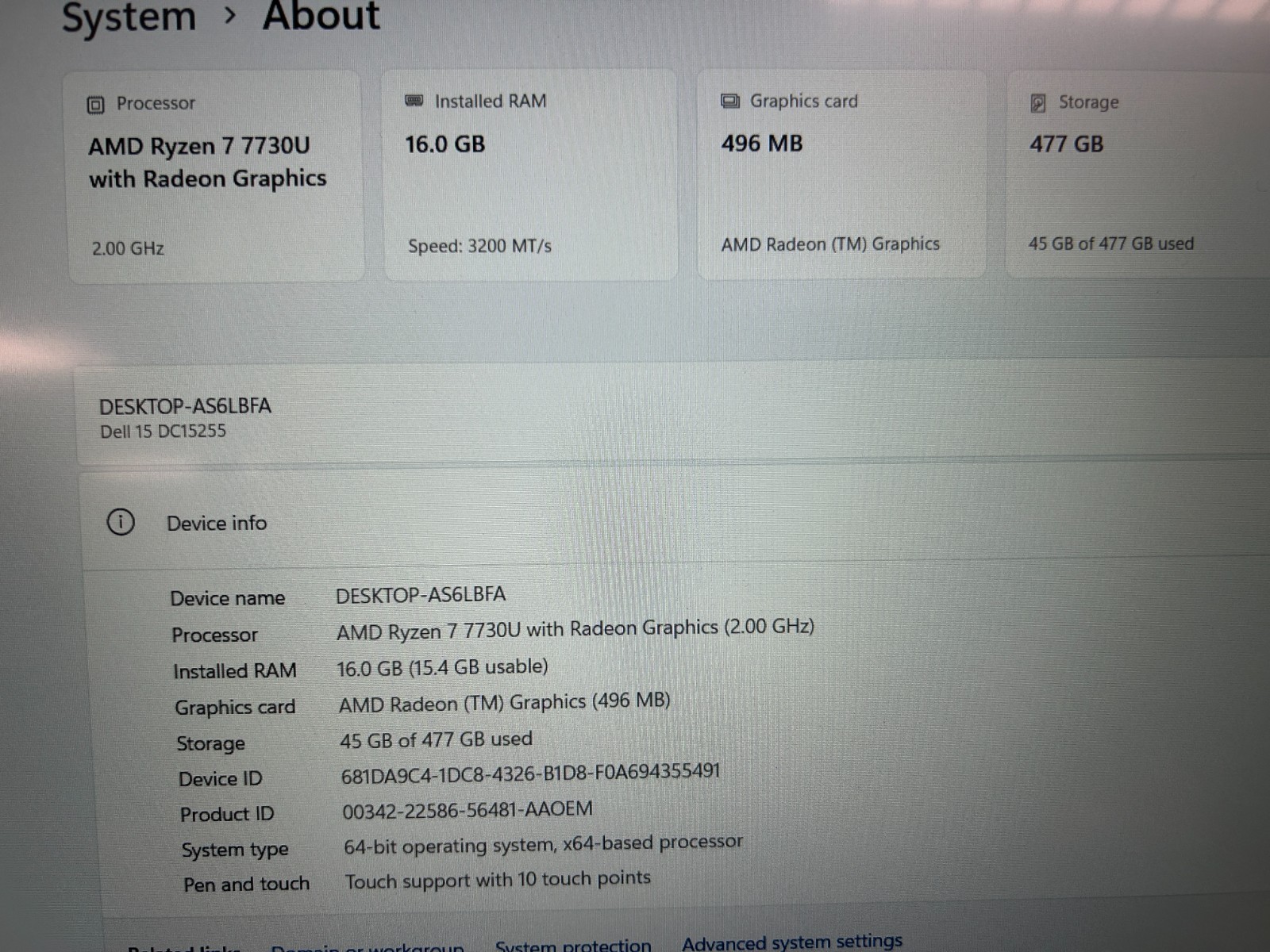 DELL 15 DC15255 G8MK9, AMD Ryzen 7 7730U, 2.00 GHz, 16 GB RAM, 512 GB NVMe SSD