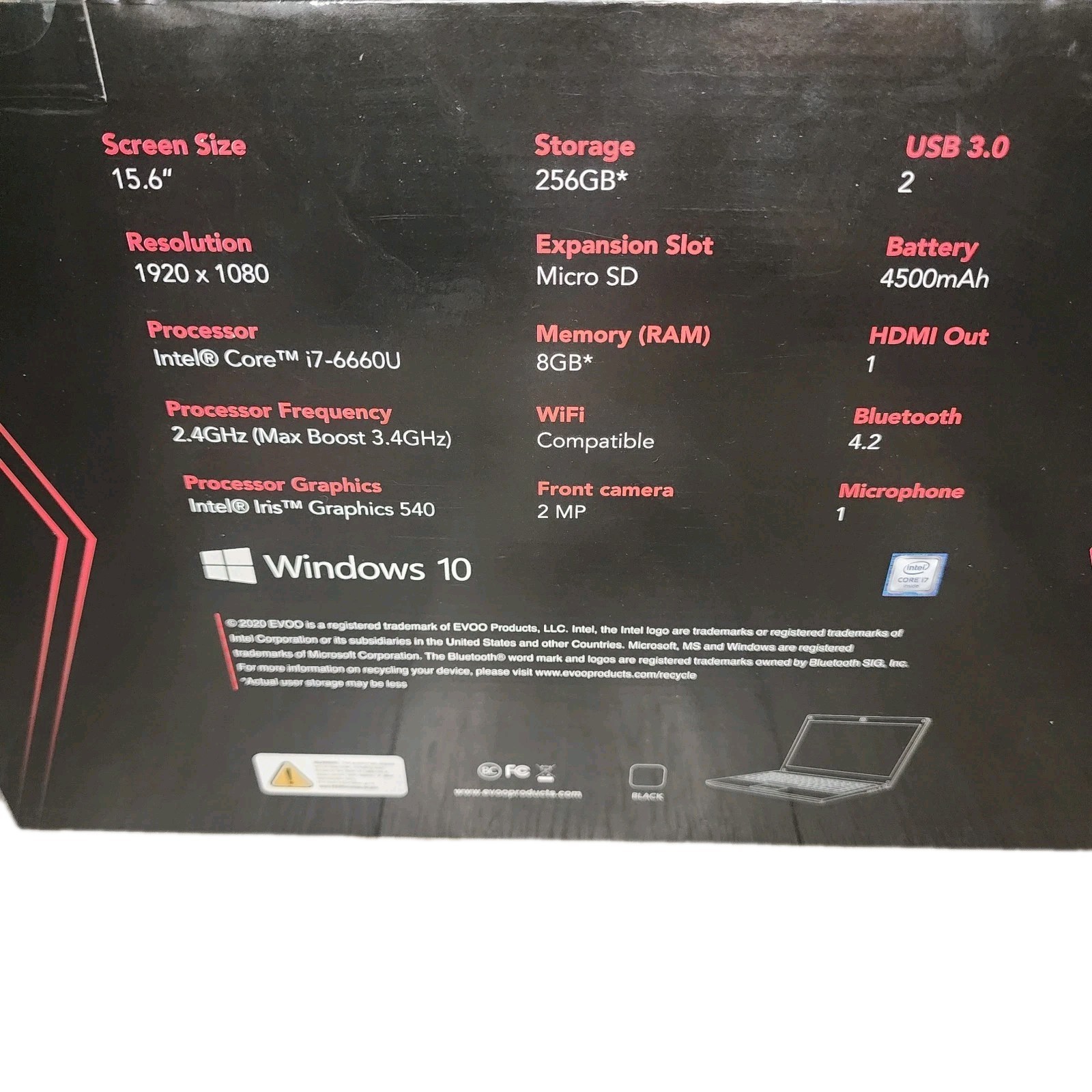 EVOO EVC156-1BK 15.6″ ULTRA THIN NOTEBOOK LAPTOP, INTEL i7-6660U, 3.4Ghz, 256GB