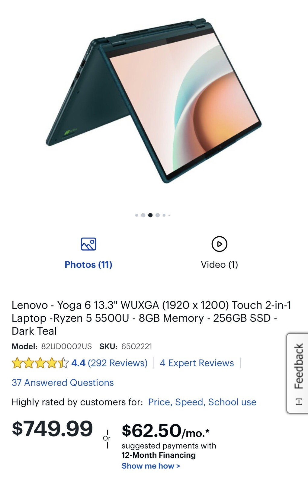 Lenovo Yoga 6 13ALC7 13.3″ (256GB SSD, AMD Ryzen 5 5000 Series, 4.0 GHz, 8GB)…