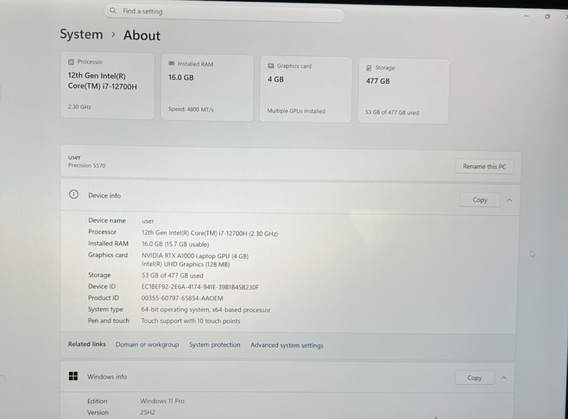 Dell Precision 5570 Touchscreen 4K i7-12700H -16GB – 512GB NVMe -RTX A1000 -W11P