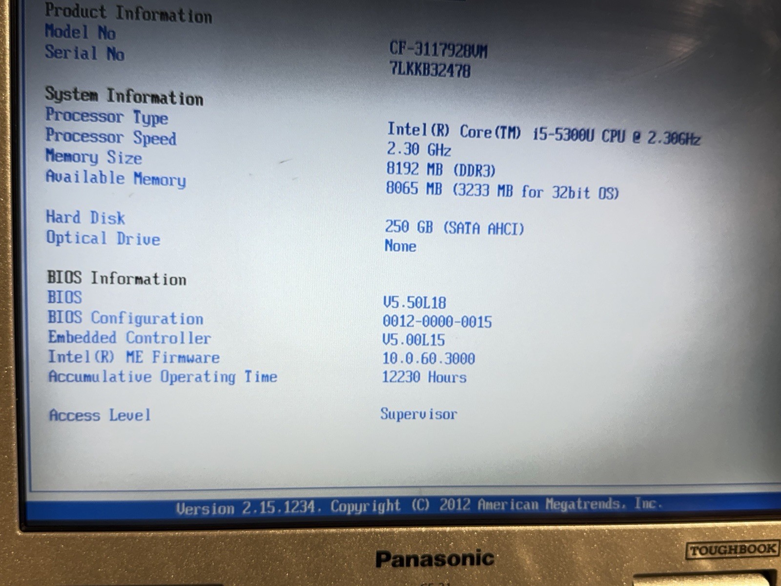 Panasonic Toughbook CF-31 I5-5300u@2.3ghz 16gb Ram 256 GB SSD Win11P 12230 HOURS