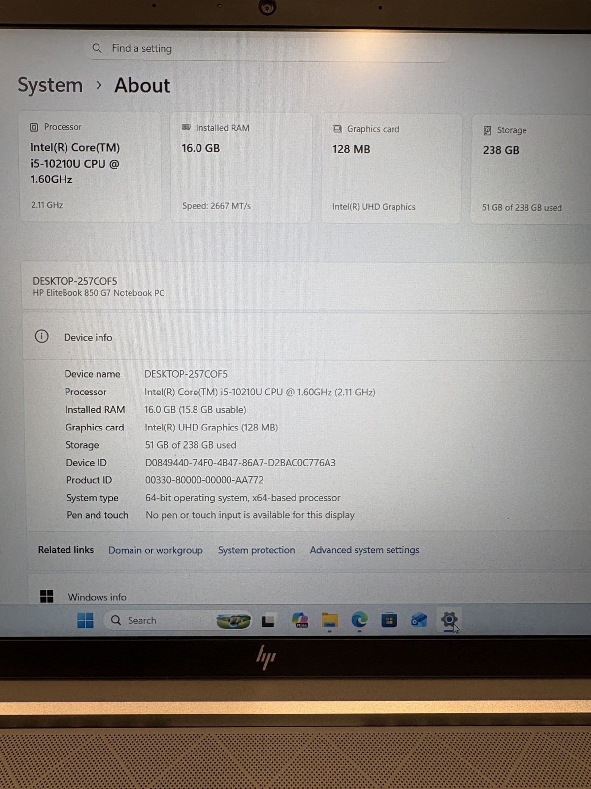 HP EliteBook 850 G7 Laptop 15.6″ Intel Core I5-10210U 256GB SSD 16GB RAM