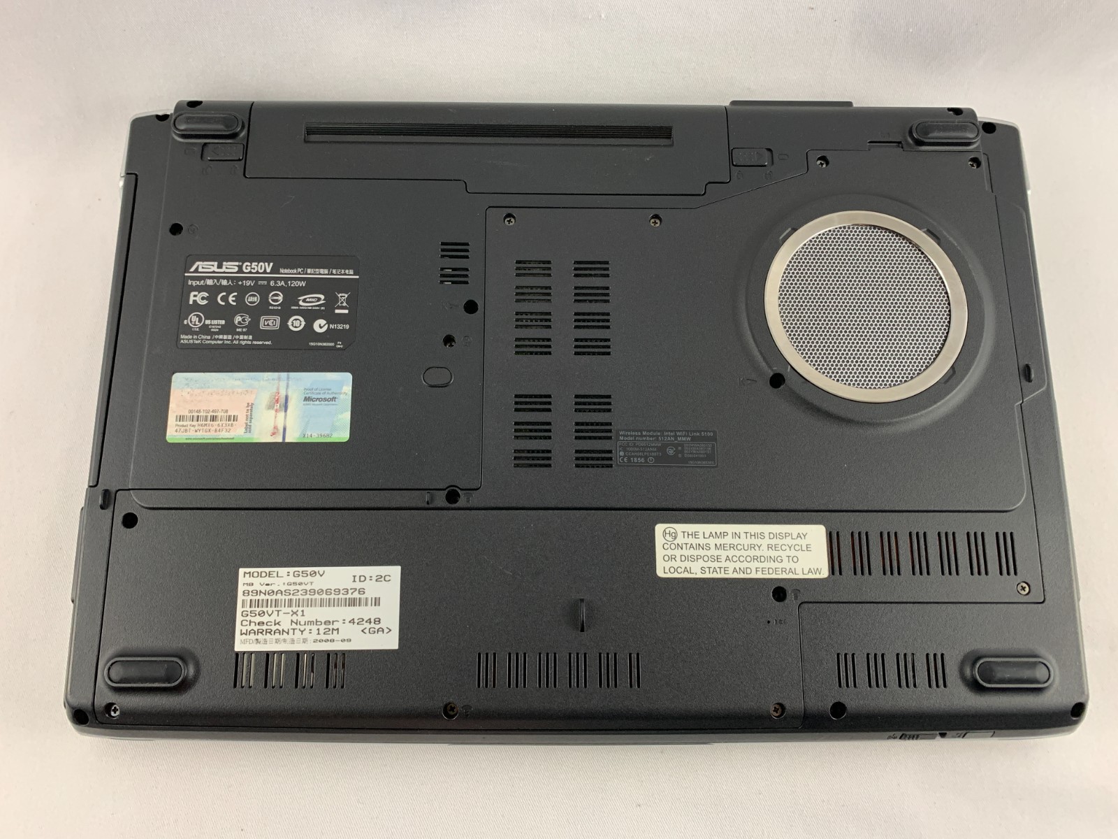 Asus ROG G50V Laptop For Parts/Repairs, Damaged Screen, No HDD, Good Battery