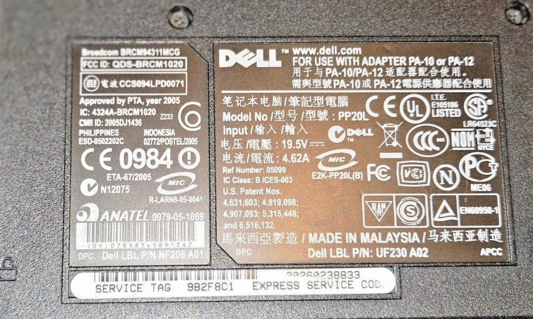Dell Inspiron E1505 15.4″ Laptop Intel Core 2 1.66 GHz W/ 1GB Ram, No HD..WORKS