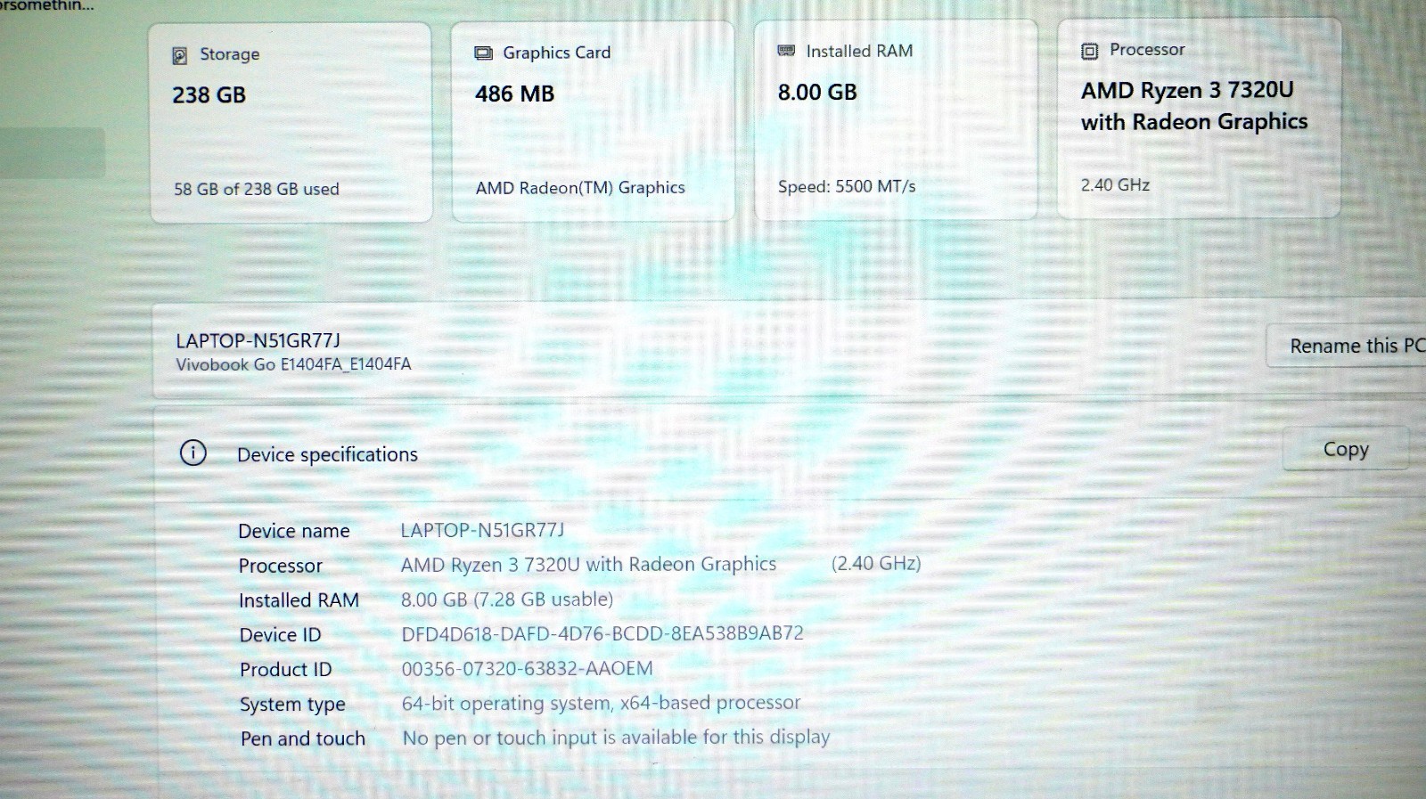 ASUS Vivobook Go 14 E1404F Ryzen 3 7320U 2.40 GHz 8GB Ram 256GB HDD Laptop