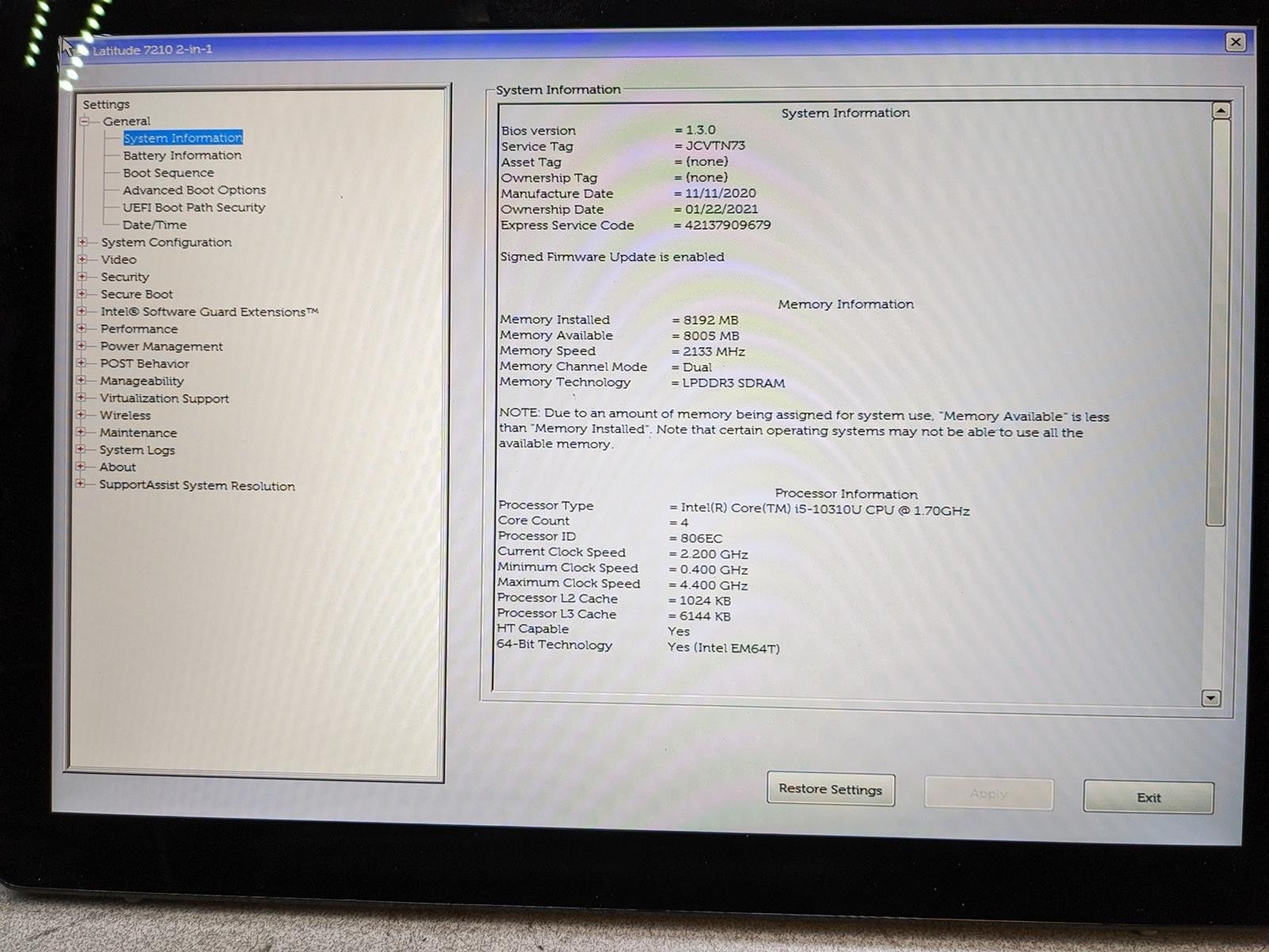 DELL LATITUDE 7210 2-IN-1 i5-10310U @ 1.7GHz, 8GB RAM, NO HDD/OS