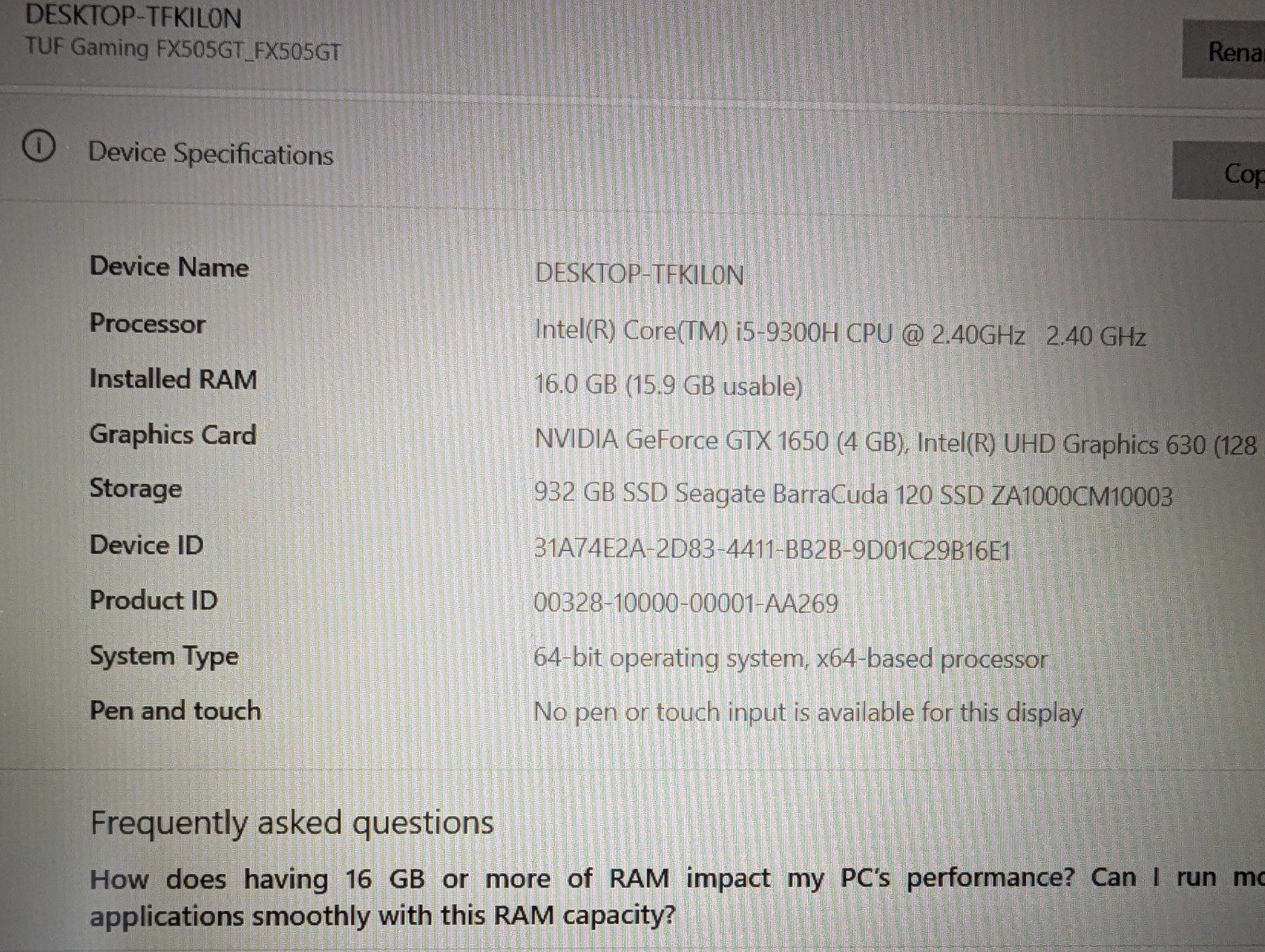 ASUS TUF FX505GT Gaming Laptop – 16GB RAM – No Hard Drive – Working As-Is