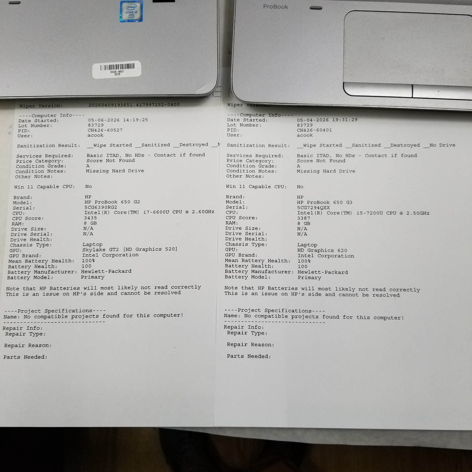 Lot of (6) HP ProBook 650 G2/G3 Laptop Intel Core i5 / i7 Mixed Specs