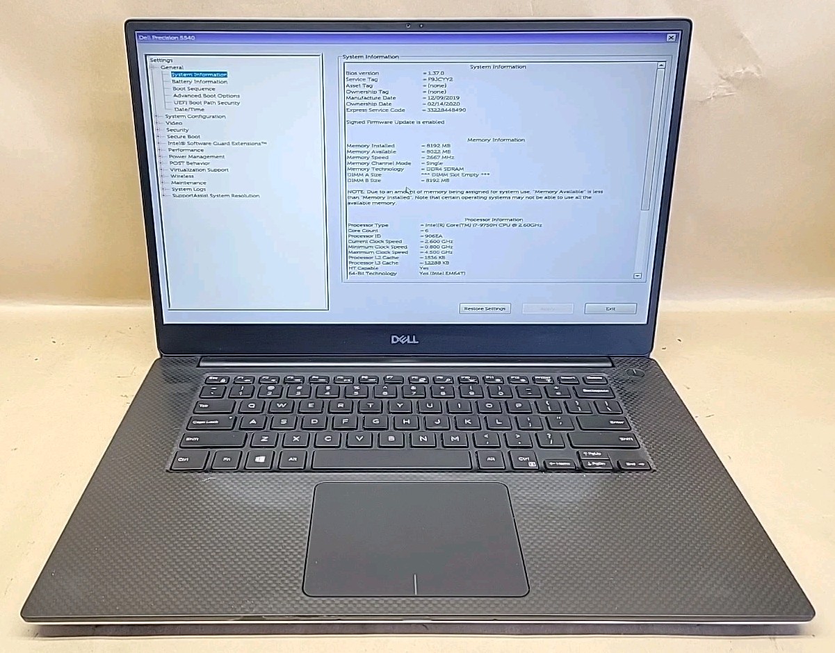 Dell Precision 5540, Intel Core i7-9750H @ 2.6GHz, 8GB RAM, NO SSD, NO OS *READ*