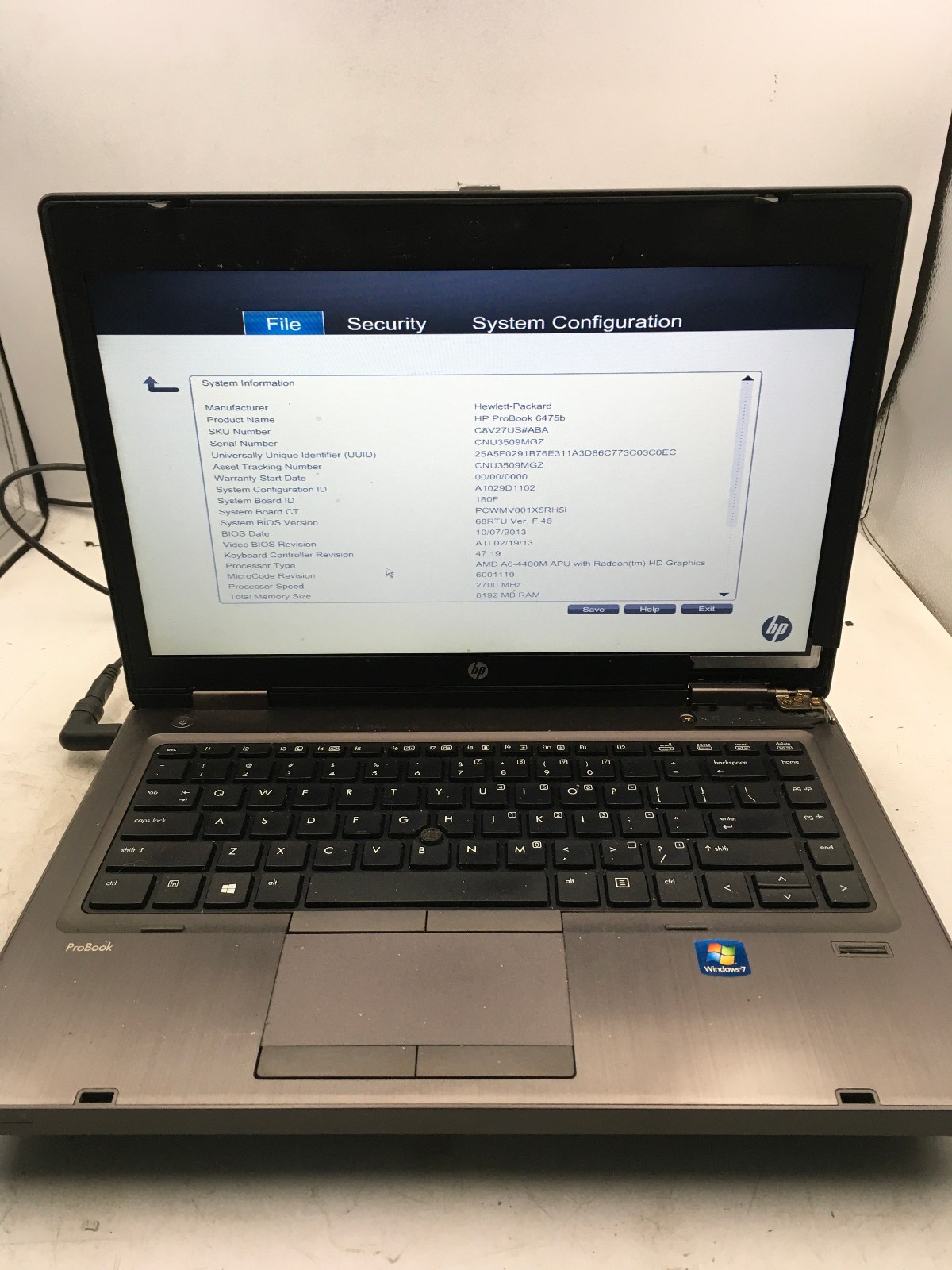HP PROBOOK 6475B – BOOTS TO BIOS – AMD A6 4400M – NO RAM – READ DESCRIPTION -BB