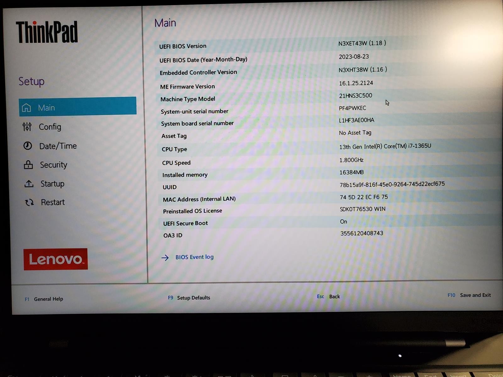 LENOVO THINKPAD X1 CARBON 11TH GEN i7-1365U @ 1.80GHz, 16GB RAM, NO HDD/OS