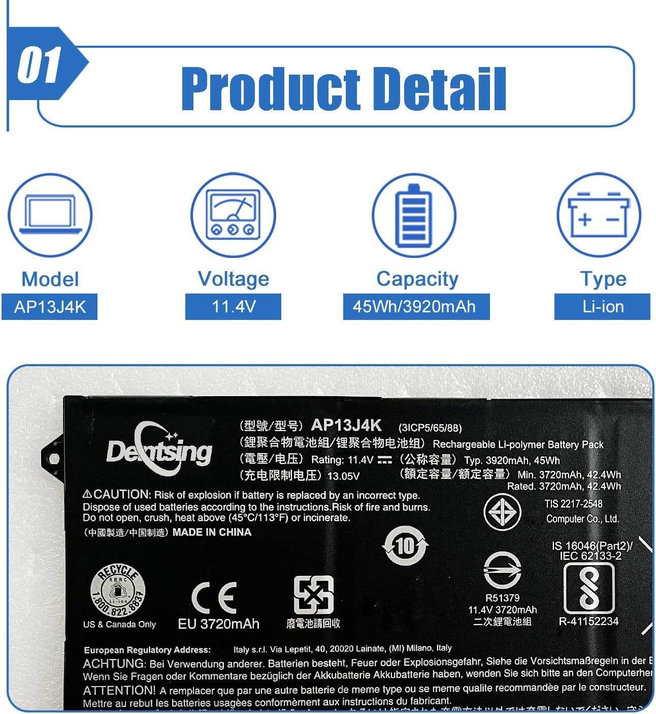 Dentsing 45Wh AP13J4K Laptop Battery 11.6″ Chromebook C740 C720 C720P CB3-532 No
