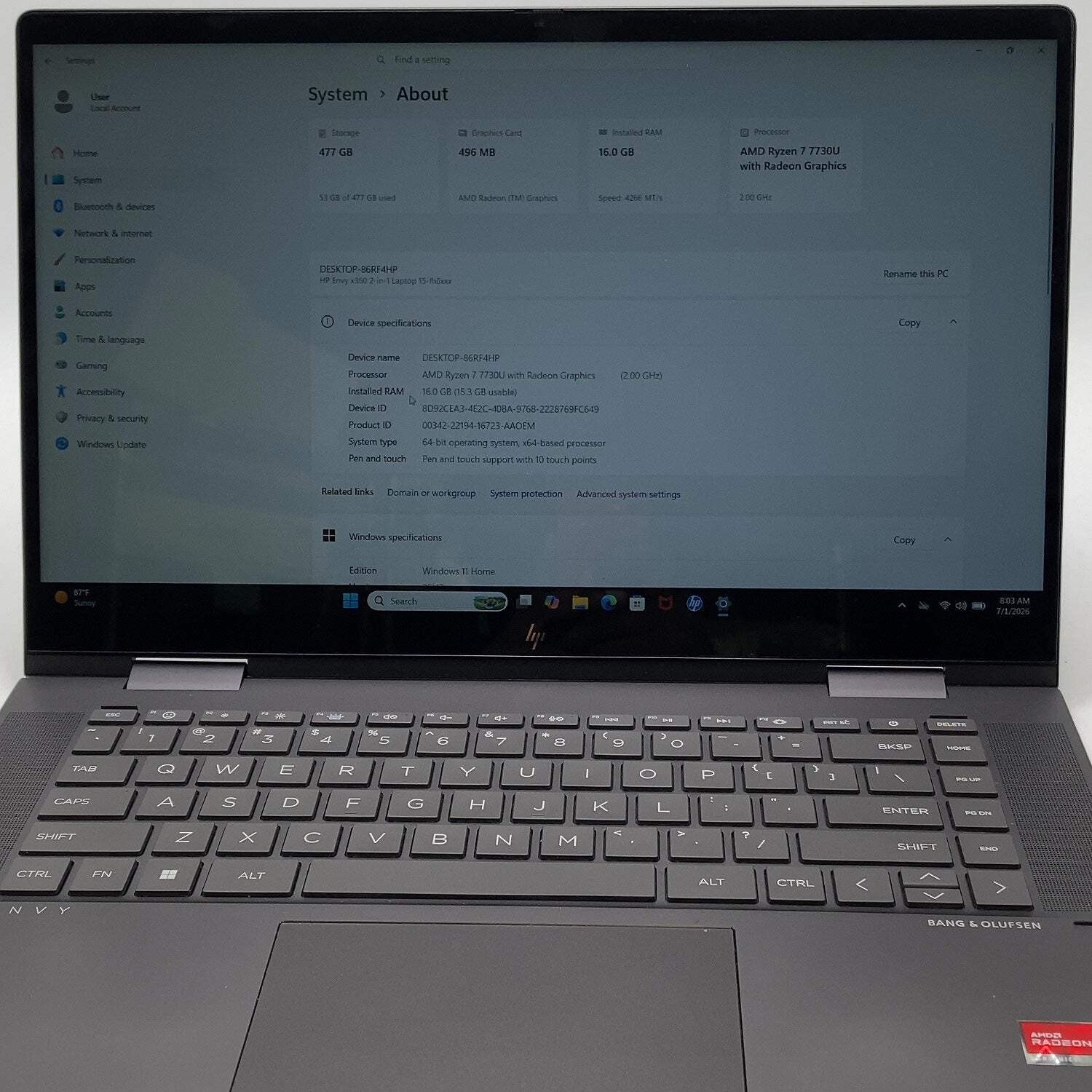 HP Envy x360 7H1T1UAR#ABA 15.6″ Ryzen 7 7730U 2.0GHz 16GB RAM 512GB SSD