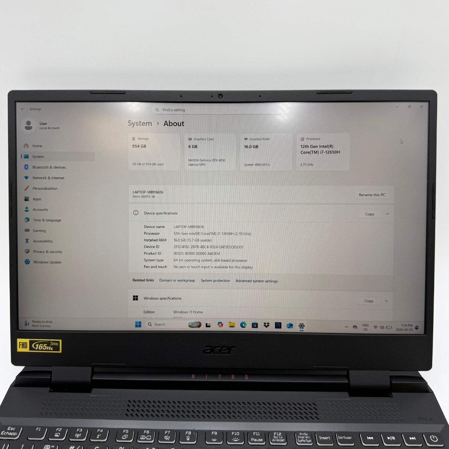 Acer Nitro 5 AN515-58 15.6″ i7-12650H 4.7GHz 16GB RAM 1TB SSD GeForce RTX 4050