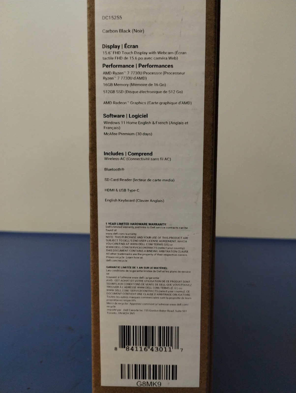 DELL 15 DC15255 G8MK9, AMD Ryzen 7 7730U, 2.00 GHz, 16 GB RAM, 512 GB NVMe SSD