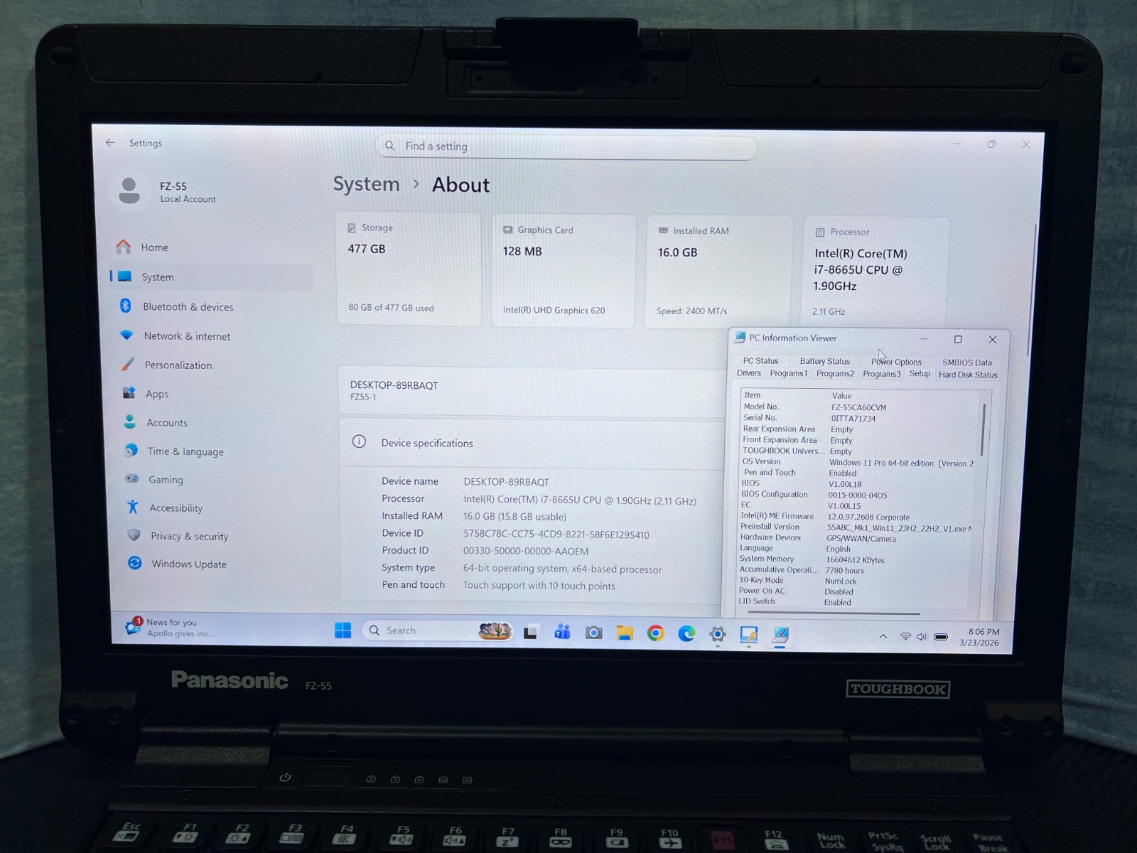 FZ-55CA60CVM, Intel core i7-8665U,512GB SSD,16GB Mem, Touch, HDMI, 4G LTE, GPS,
