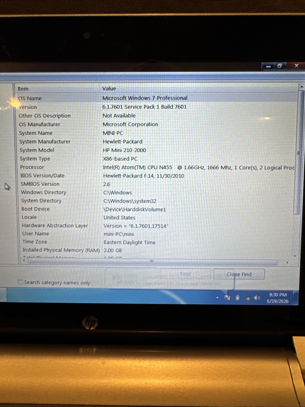 HP Mini 210-2000 Netbook – EXCELLENT! – 256GB SSD, 2GB Ram, Win 7, Good Batt!