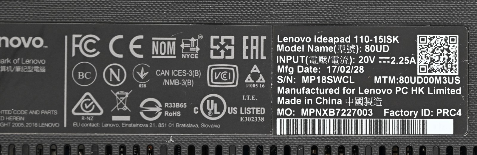 Lenovo Idea Pad 110-15ISK i3-6100u 2.3GHz 8GB RAM 256GB SSD Win 11 Home