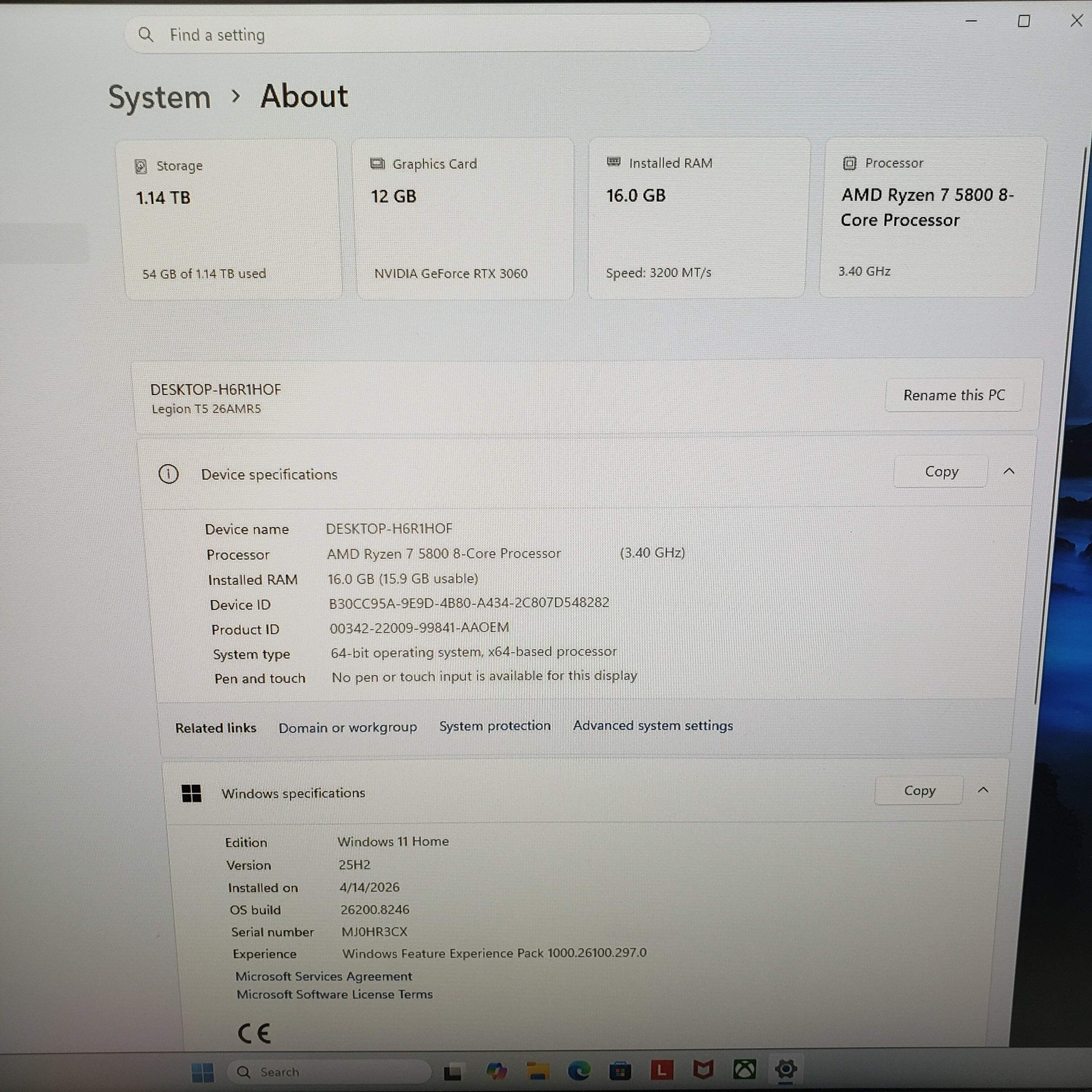 Lenovo Legion T5 26AMR5 26AMR5 Ryzen 7 5800 3.40GHz 16GB RAM 256GB SSD 1TB HDD G