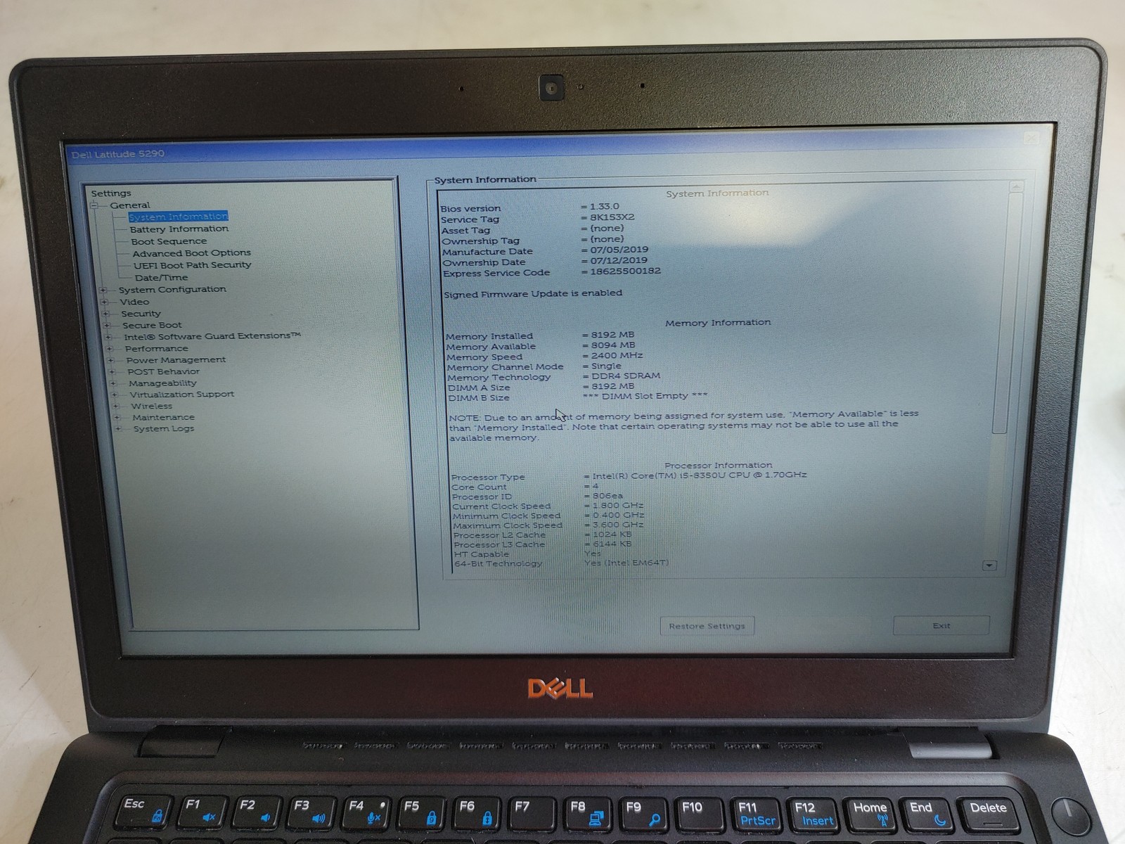 Dell Latitude 5290 Core i5-8350U 1.70 GHz 8 GB DDR4 No HDD