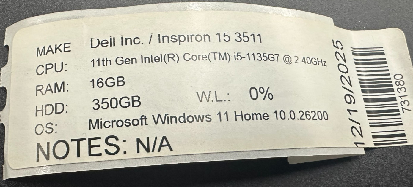 DELL INSPIRON 3511 LAPTOP CORE i5-1135G7 @ 2.40GHZ 16GB RAM 350GB SSD (lp624)