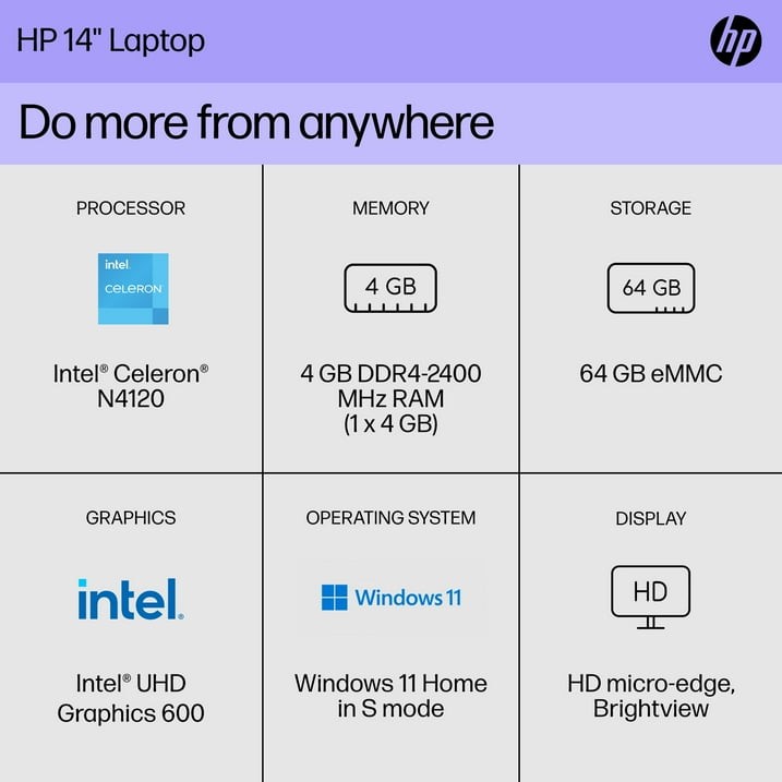 HP Stream 14″ Laptop, Intel Celeron N4120 4GB RAM 64GB eMMC Win 11 Silver