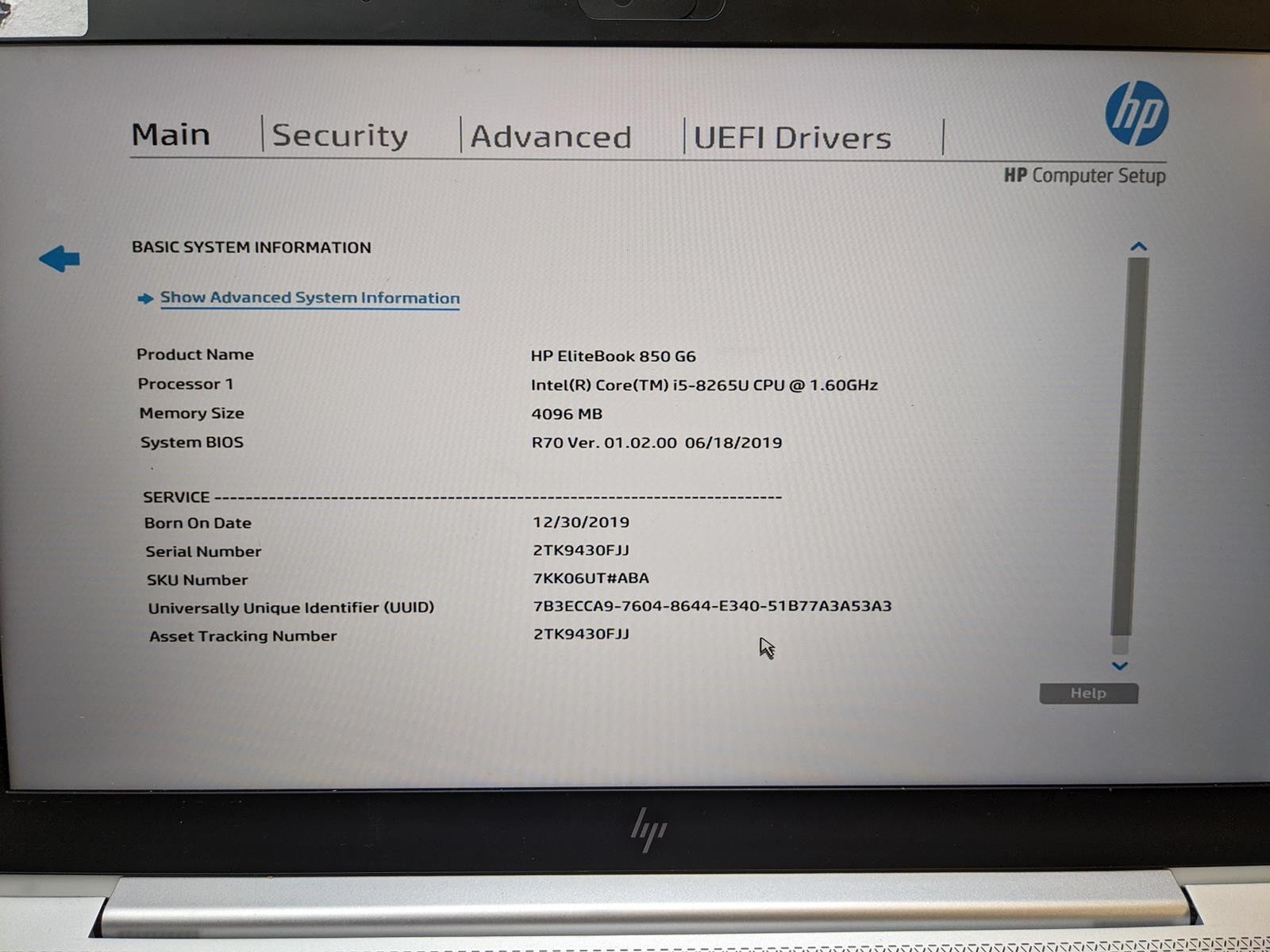 HP ELITEBOOK 850 G6 i5-8265U @ 1.60GHz, 4GB RAM, NO HDD/OS