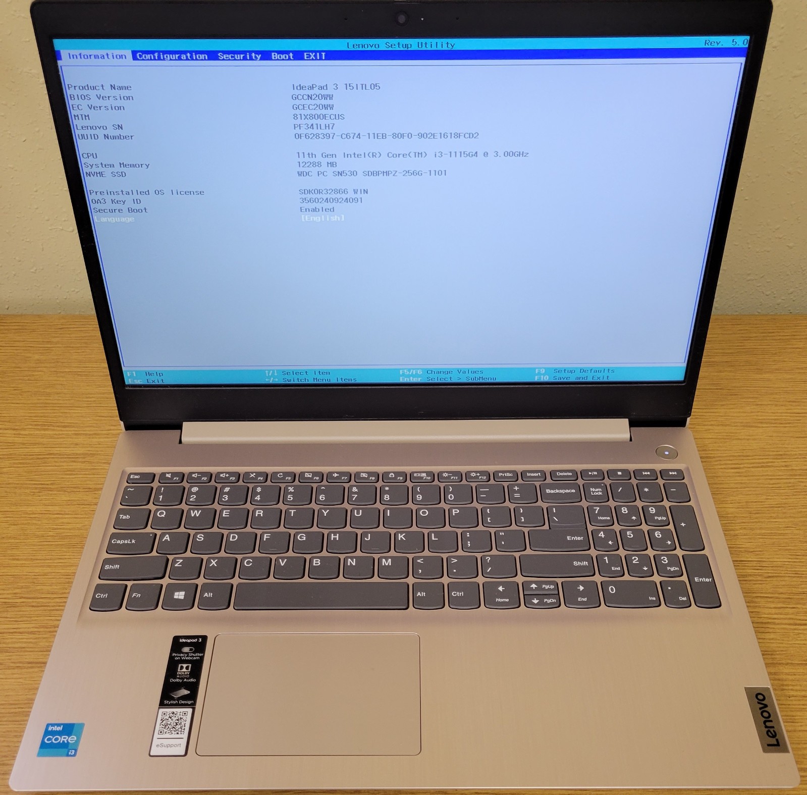 Lenovo IdeaPad 3 15itl05 i3-1115G4 3.0GHz 12GB 256GB NVMe NO OS/HDD